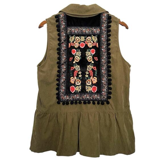 Entro Embroidered Snap Button Peplum Top Green Sleeveless Boho Festival Size M - Picture 1 of 7